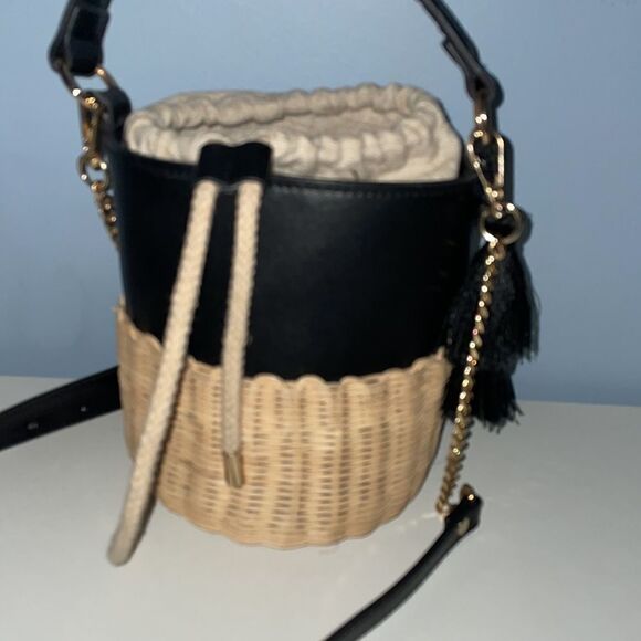 Aldo Aceille Straw Faux Leather Bucket Purse Black - Picture 3 of 9
